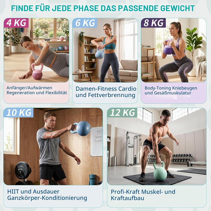 Soft Kettlebell 4-12kg - Bodenschonend und Leise, Eisensand-Kugelhantel mit ergonomischem Griff für