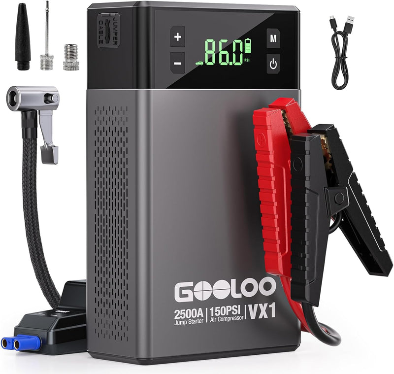 GOOLOO VX1 2500A Starthilfe Powerbank mit Kompressor, Supersafe 12V Auto Starthilfe mit 150 PSI digi