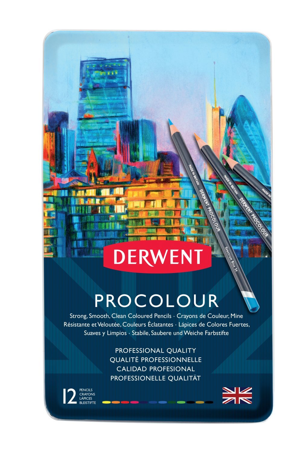 Derwent Procolour Buntstifte, Set mit 12 Stück in Metalldose, 4mm Runder Kern in Premium-Stärke, Gla
