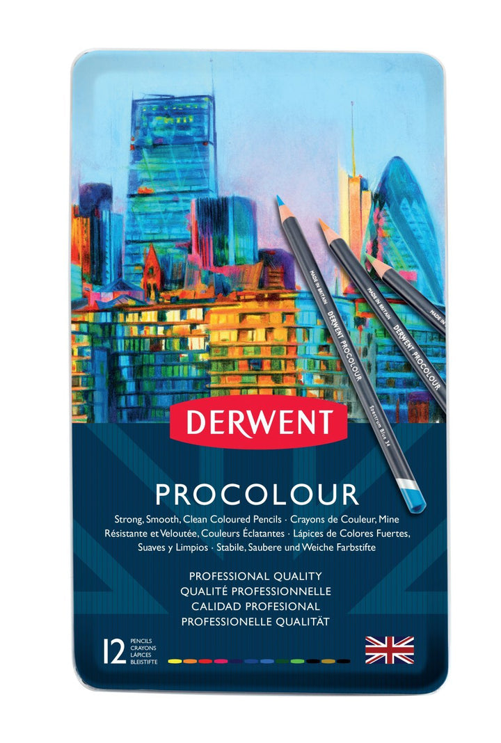 Derwent Procolour Buntstifte, Set mit 12 Stück in Metalldose, 4mm Runder Kern in Premium-Stärke, Gla