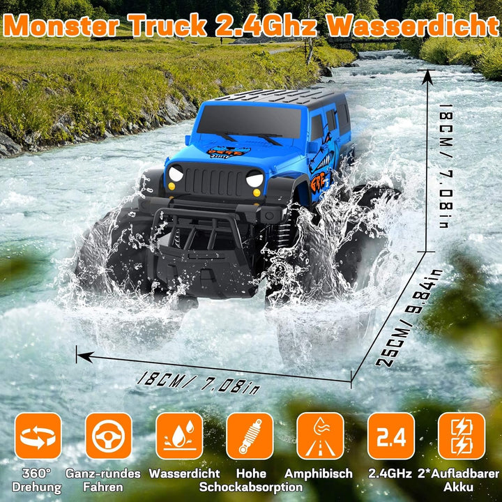 Gindoly 2,4 GHz Ferngesteuertes Spielzeugauto Monstertruck, 4WD 15+ km/h Hobby Offroad RC Auto, Wass