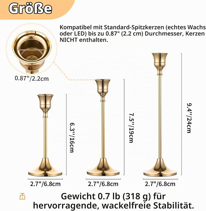 NUPTIO Satz von 5（15 Stück Messing Gold Metall Taper Kerzenhalter, Vintage Kerzen Ständer Herzstück