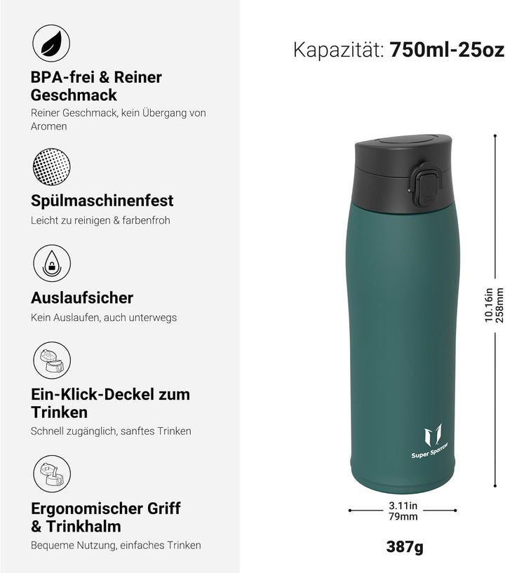 Super Sparrow Trinkflasche Edelstahl - Trinkbecher - 350ml, 500ml, 750ml - BPA-Frei, Auslaufsicher T