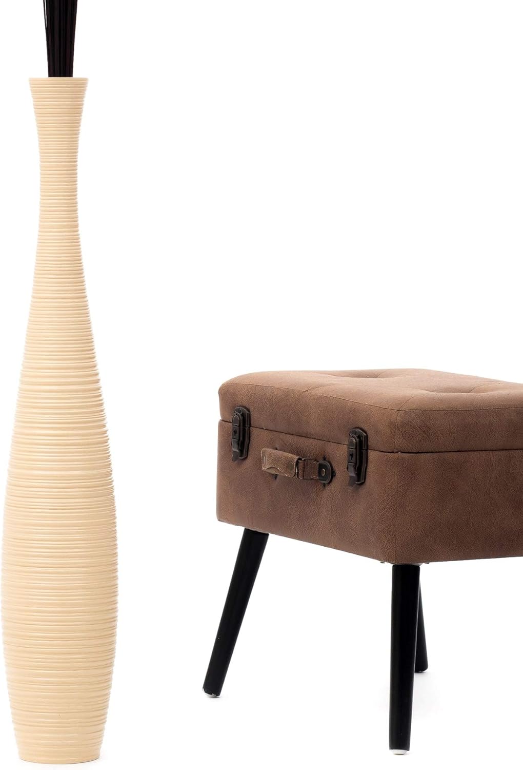 Leewadee Grosse Bodenvase für Dekozweige hohe Standvase Design Holzvase, Holz, 90 cm, Creme 90 cm Cr