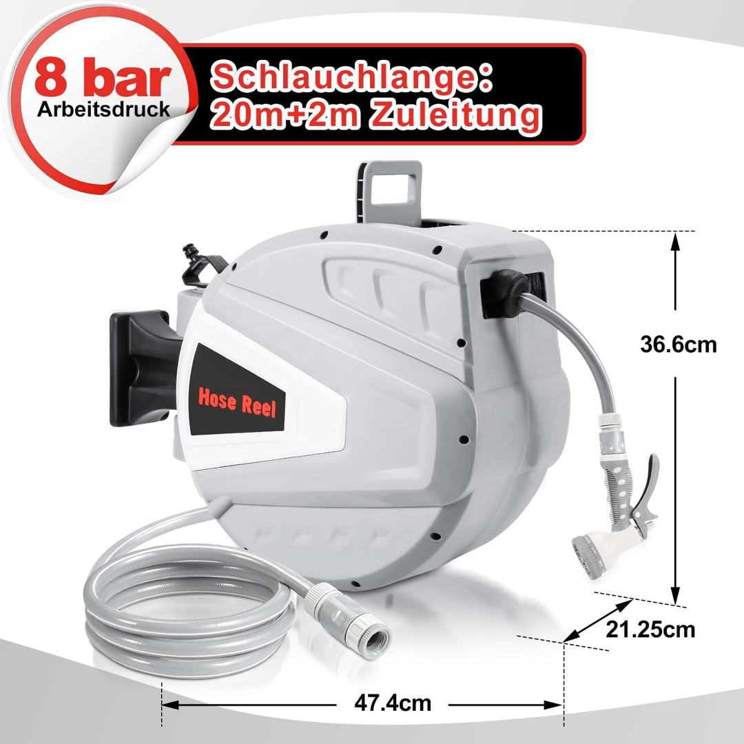 Ansobea Schlauchtrommel Wasser 20+2m mit Wandhalterung/Handbrause/Montagematerial, Aufroll-Automatik