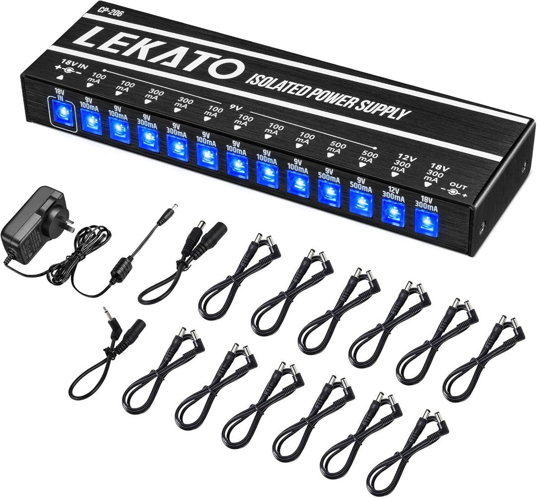 LEKATO Gitarre Pedal Netzteil, 12 Isolierte Ausgang für 9V/12V/18V, Effektpedal-Netzteil mit Kurzsch