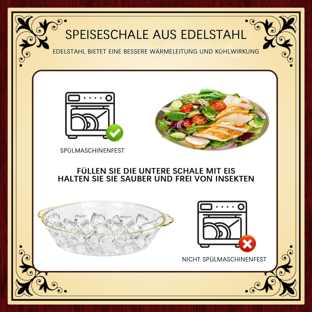 3 Stück Gekühltes Serviertablett Set, 30 cm Tablett Edelstahl, Buffet Partyplatte für Obst, Gemüse,