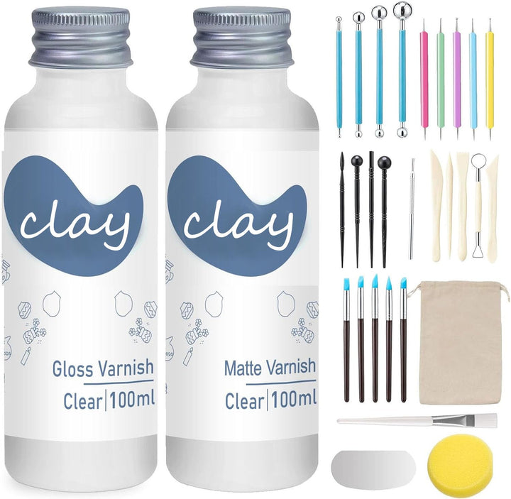 30Pcs lufttrocknendem Ton Glasur mit Ton Werkzeug Set, 2 x 100ml Clay Varnish für Hoher Glanz, Kratz