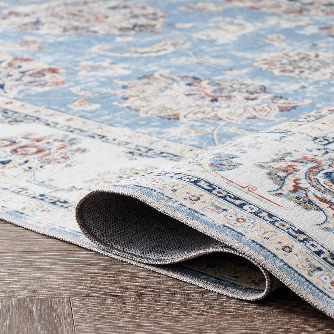TOPICK Blau Teppich 90x150cm Wohnzimmer Waschbar Superdünne Vintage Blumen Kurzflor Lang Küche Schla