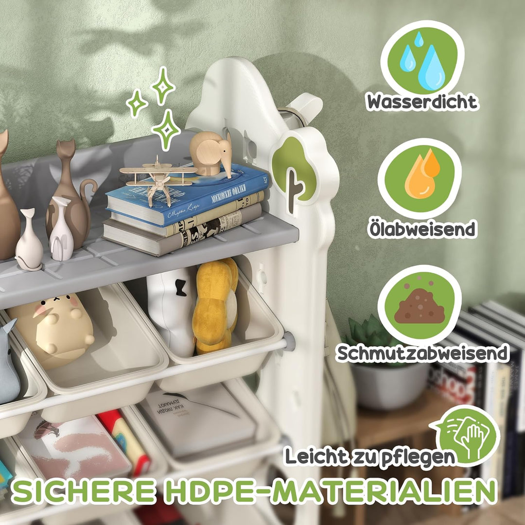 AIYAPLAY Kinderregal 4-Stufiges Spielzeugregal mit 9 Herausnehmbaren Boxen, Ablage, Haken, Kinderzim