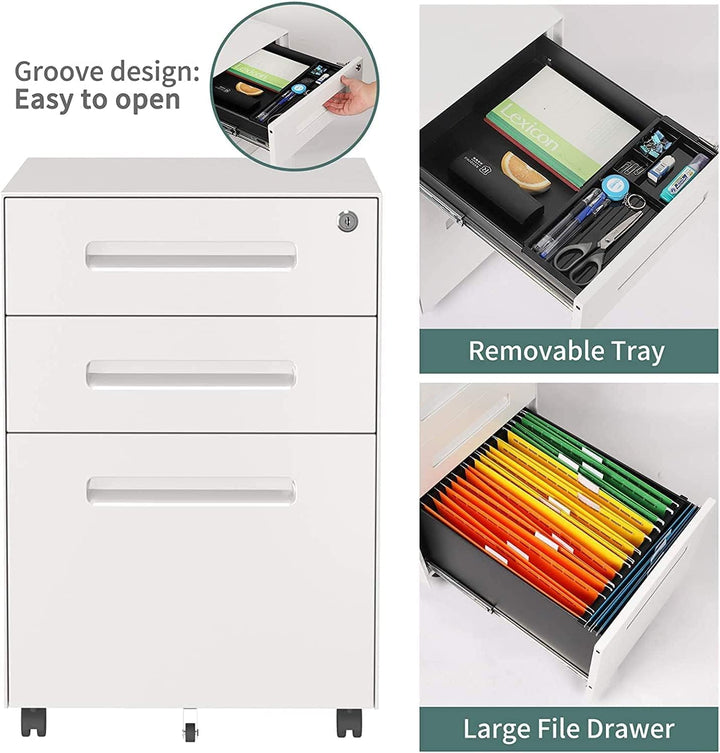 Dripex Metall Rollcontainer Stahl Rollcontainer mit 3 Schubladen und Hängeregistratur Abschliessbare