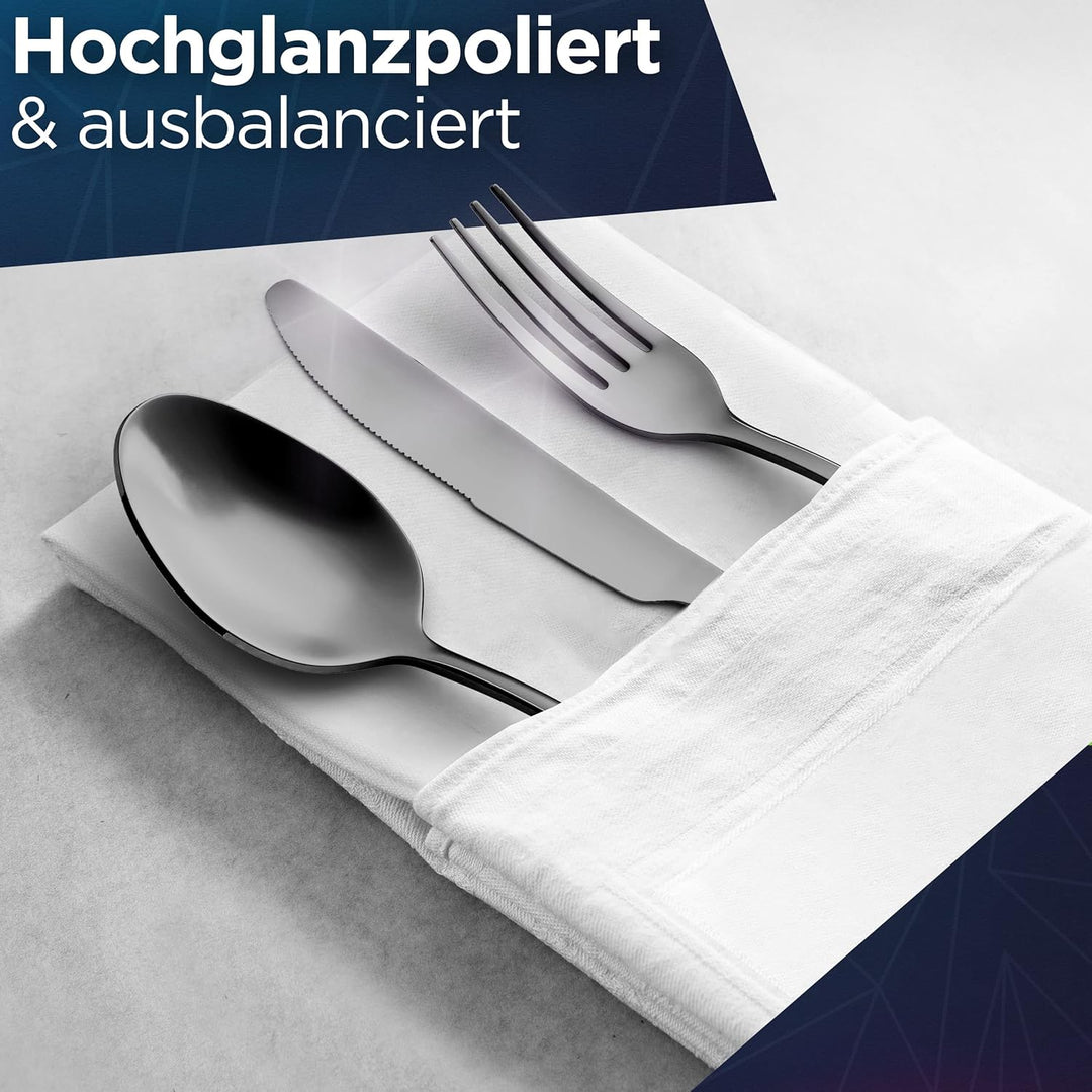 Glavory - Besteck Set 6 Personen Schwarz Hochglanz - 30teilig - Besteckset Spülmaschinenfest aus ros