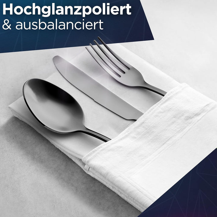 Glavory - Besteck Set 6 Personen Schwarz Hochglanz - 30teilig - Besteckset Spülmaschinenfest aus ros