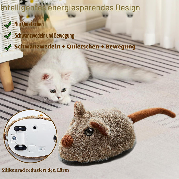 Vealind Katzenspielzeug Wiederaufladbare Maus mit Wackelschwanz, lebensechtes Quietschen Zwitschern