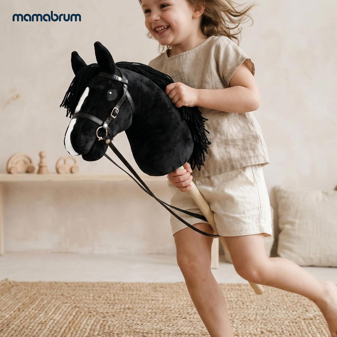 mamabrum Hobby Horse Schwarz Steckenpferd Kinder 68 cm | Steckenpferd mit Holzstab, abnehmbarem Zaum