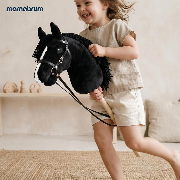mamabrum Hobby Horse Schwarz Steckenpferd Kinder 68 cm | Steckenpferd mit Holzstab, abnehmbarem Zaum