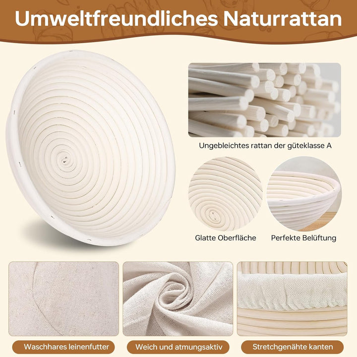 10-teilig Gärkorb Brot Set, 23cm Gärkörbchen zum Brotbacken, Sauerteig Starter Set, Brot Backen Zube
