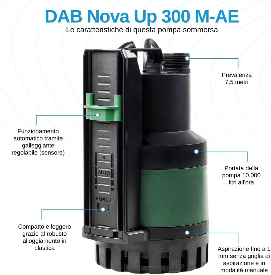 DAB Nova Up 300 M-AE mit Ablaufschlauch 7 Meter - Flachsauger-Tauchpumpe - 10.000 L/Std. - 380W - Fö