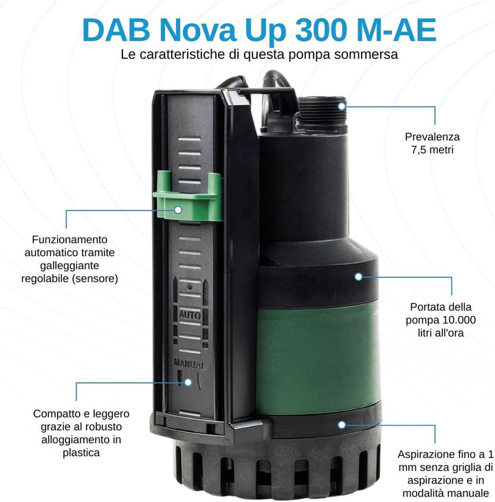 DAB Nova Up 300 M-AE mit Ablaufschlauch 7 Meter - Flachsauger-Tauchpumpe - 10.000 L/Std. - 380W - Fö