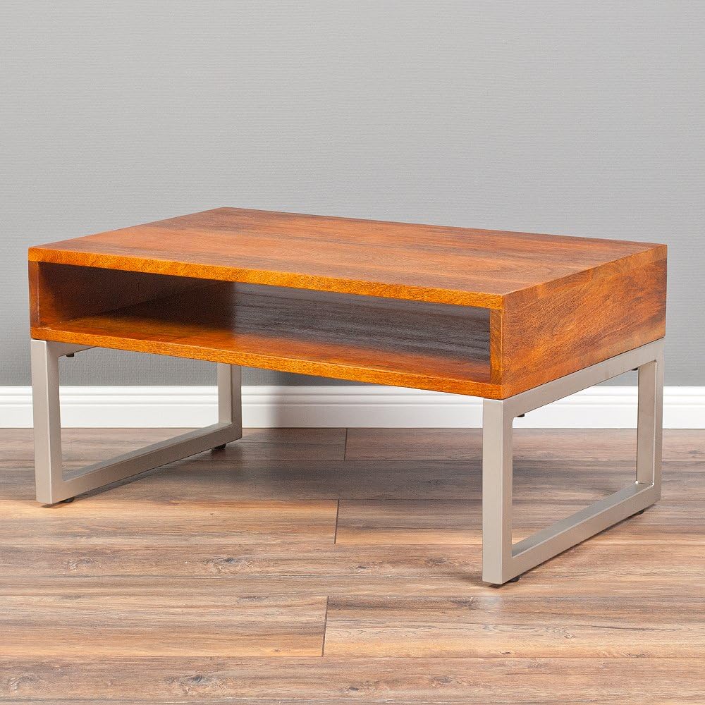 LEBENSwohnART Couchtisch Bow 80cm Stone-M Massivholz Wohnzimmertisch Mango Holz Metall Design