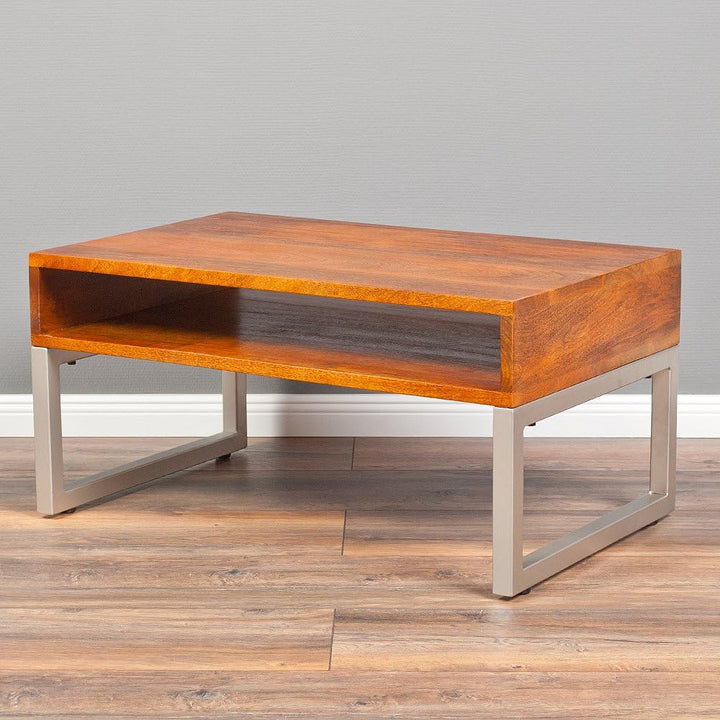 LEBENSwohnART Couchtisch Bow 80cm Stone-M Massivholz Wohnzimmertisch Mango Holz Metall Design