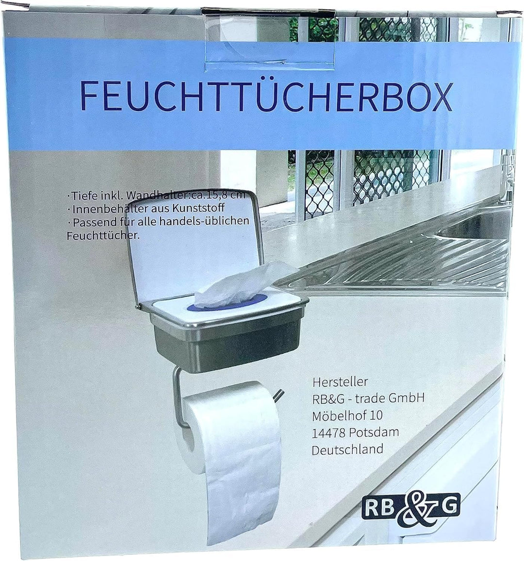 RB&G Premium Feuchttücherbox- aus hochwertigem Edelstahl/kein Austrocknen der Tücher zur Wandmontage