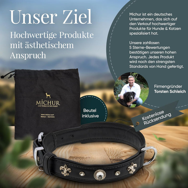 MICHUR Gala Hundehalsband Leder, Lederhalsband Hund, Halsband, Schwarz, Leder, mit Lilien,Strassstei