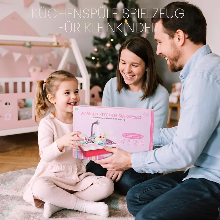 deAO Kinderspielset Pretend Kitchen Sink mit simuliertem Wasserhahn und enthaltenem Küchenzubehör -