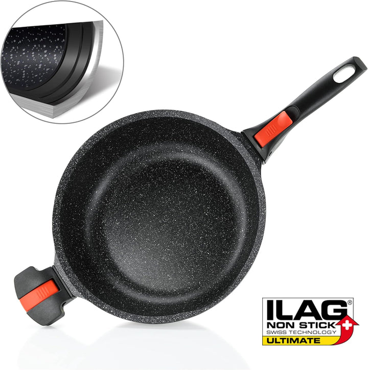 Linnuo Schmorpfanne Bratpfanne 28 cm hoher Rand, Aluguss Pfanne mit Deckel 28cm, abnehmbare Griffe,