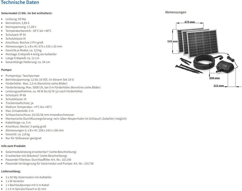 Solar Bachlaufset 150W Solarmodul 5000 l/h Förderleistung 3m Förderhöhe inkl. 5m Schlauch 32mm Bachl