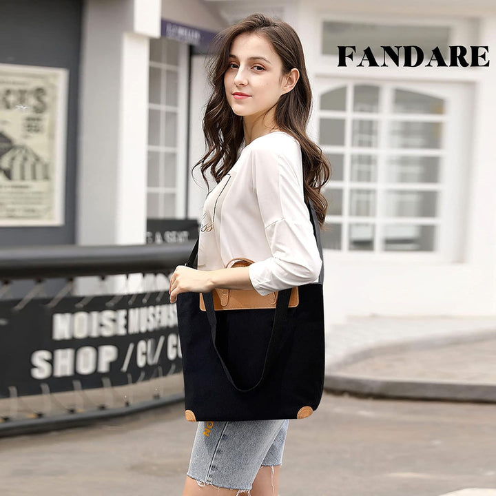 FANDARE Leichte Handtaschen Leinwand gross Schultertasche Damen Umhängetasche für 12.9 Zoll Laptopta
