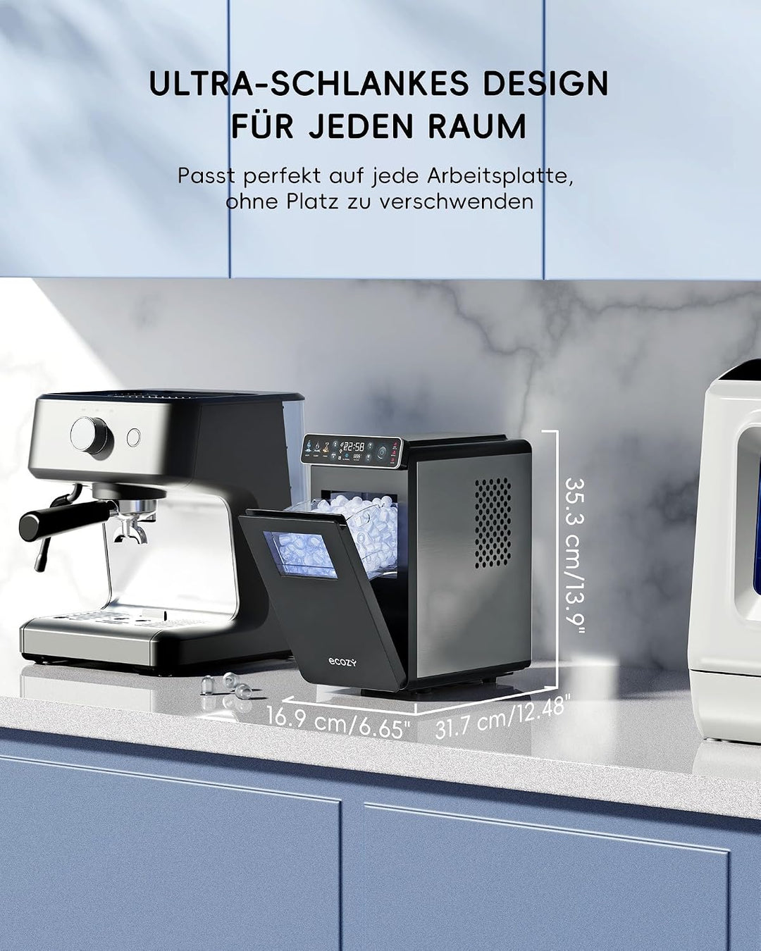 ecozy Eiswürfelmaschine Klein, Tragbar und Kompakt mit Farbdisplay, 24-Stunden-Timer, 12 KG/24H, Eis