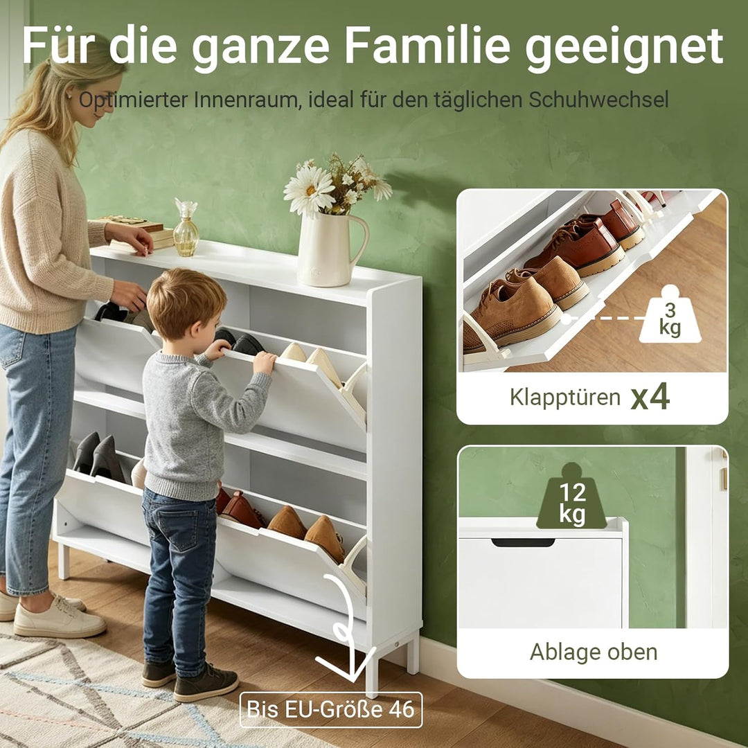 SoBuy Schuhschrank schmal mit 4 Klappen platzsparender Schuhkipper Hoch Kommode mit 4 Ablagen Schuhr