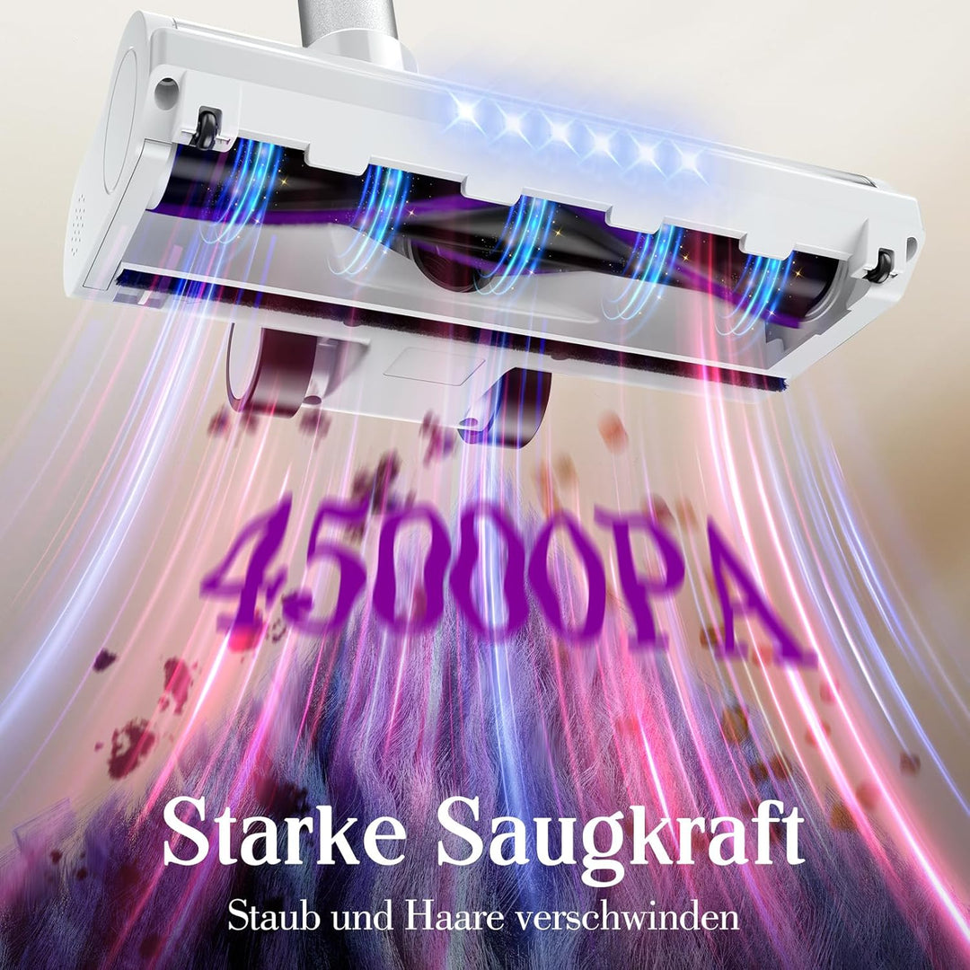 Akku Staubsauger 45000Pa, 60Min, nur 1,75 kg, 6-in-1 Staubsauger Kabellos mit Touchscreen, LED-Leuch