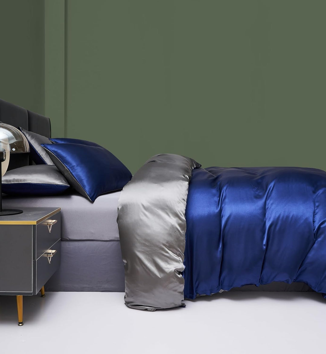 YASMENG Bettwäsche Satin 200x220 Blau Dunkelgrau Wendebettwäsche Modern Deluxe Elegant Bettbezug Set