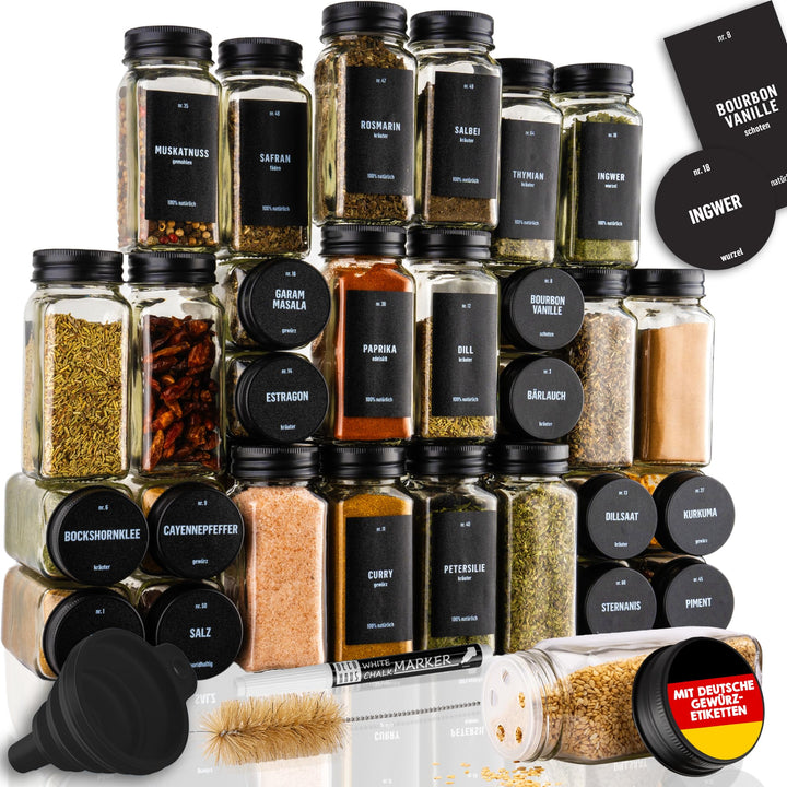 Deco haus® Gewürzgläser Eckig mit Gewürzetiketten Gewürzgläser mit Streueinsatz 36er Set - Gewürzdos