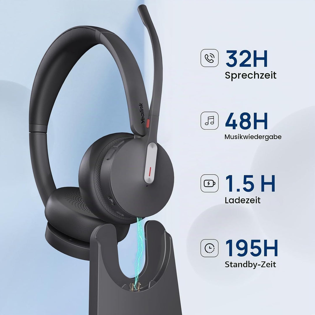 Yealink WH64 Hybrid DECT &amp; Bluetooth Wireless Headset mit 3 Mikrofonen für die Arbeit mit Ladestände