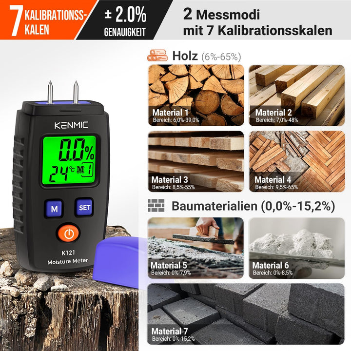 KENMIC Tragbarer Holzfeuchtigkeitsmesser mit LCD und Grünem Licht, Pin-Typ Wasserdetektor, 5 Modi fü
