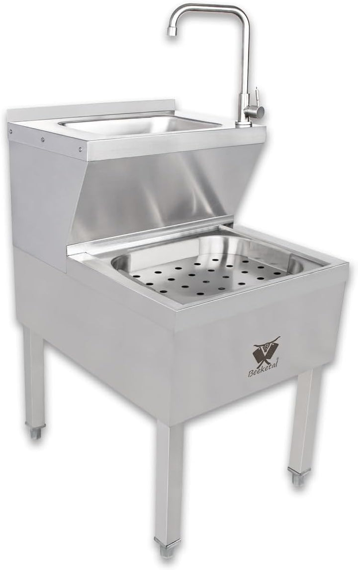 Beeketal 'BAB-1' 2in1 Edelstahl Stand Handwaschbecken mit Ausgussbecken, Industrie Waschbecken mit h