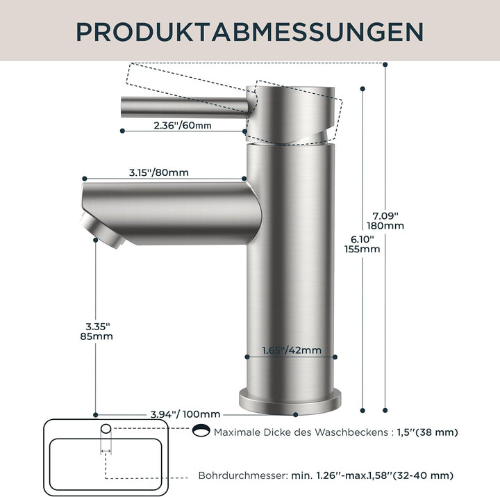 FORIOUS® Wasserhahn Bad, Edelstahl Waschbeckenarmatur mit Auslaufhöhe 85MM, Einhebel-Mischbatterie f