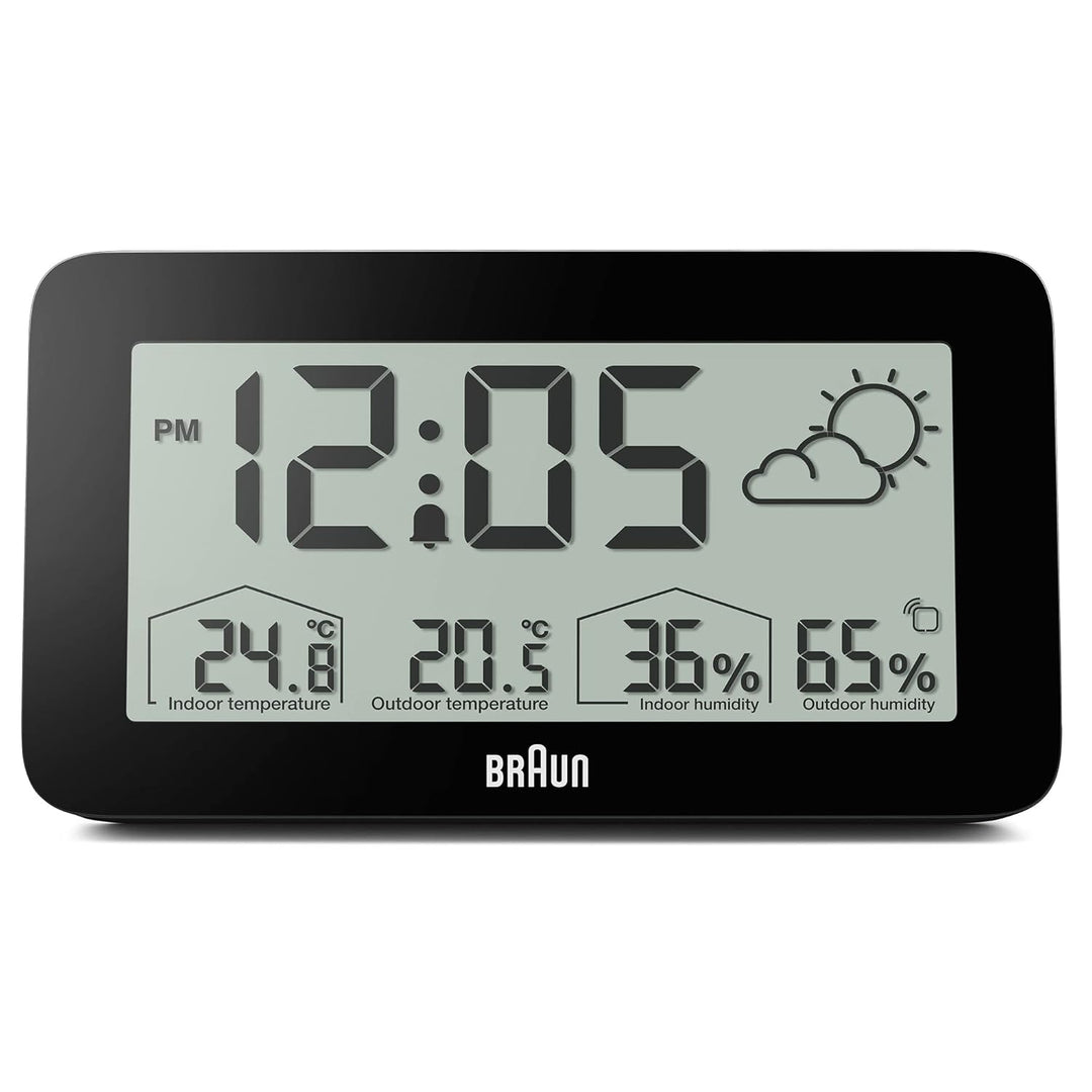 Digitale Braun-Wetterstationsuhr mit Anzeige von Innen- und Aussentemperatur sowie Luftfeuchtigkeit,
