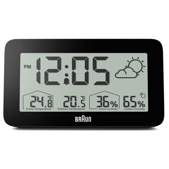 Digitale Braun-Wetterstationsuhr mit Anzeige von Innen- und Aussentemperatur sowie Luftfeuchtigkeit,