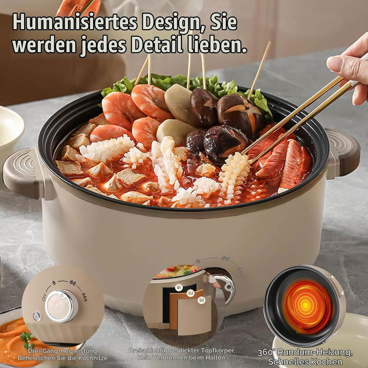 Hot Pot Elektrisch mit Dampfgarer, 4.6 L Tragbar Elektrischer Kochtopf 1000W, Multifunktionaler Hotp