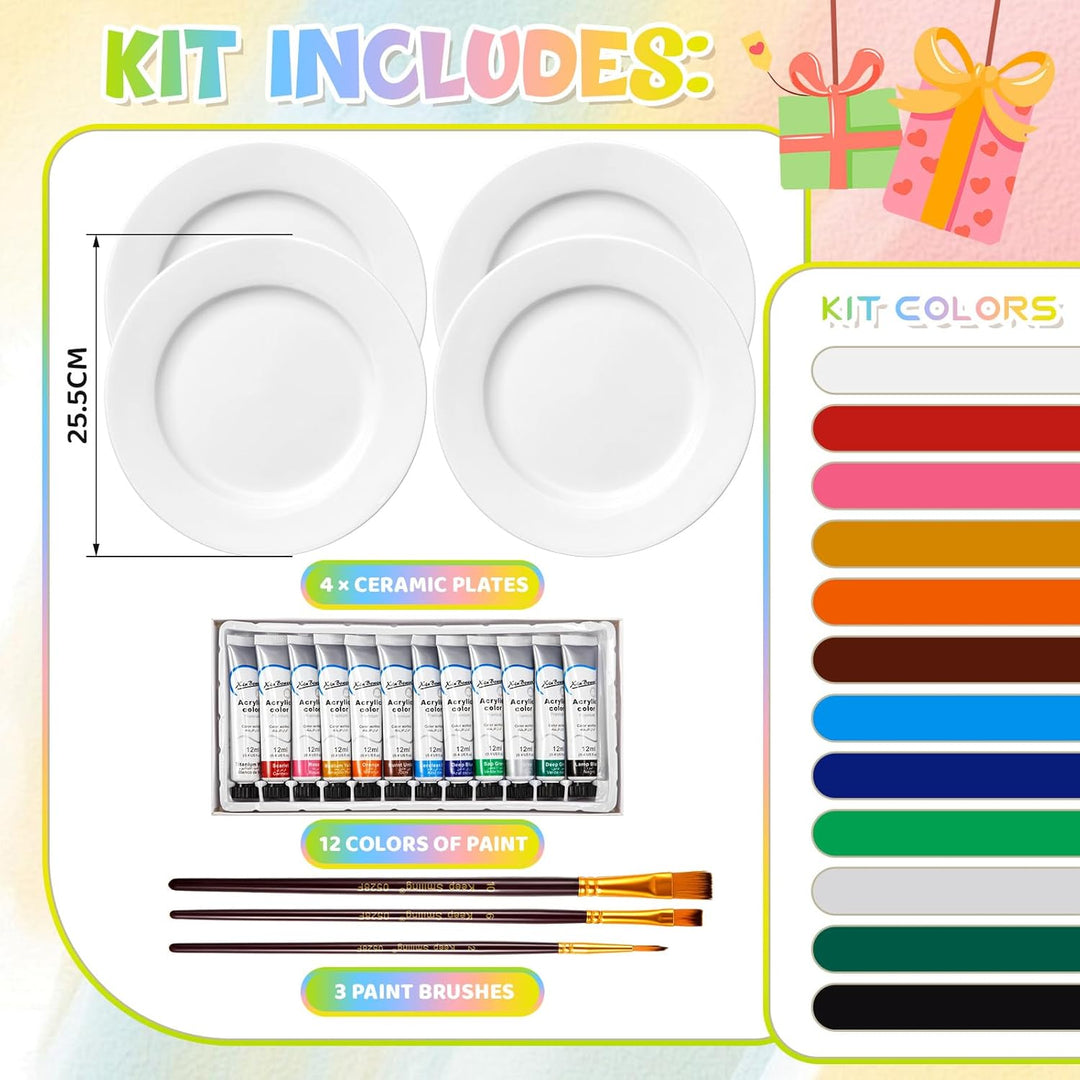 Sinmoe Keramik Bemalen Set Teller zum Bemalen Enthält 4 Porzellanteller 3 Pinsel 12 Acrylfarben 1 Ge