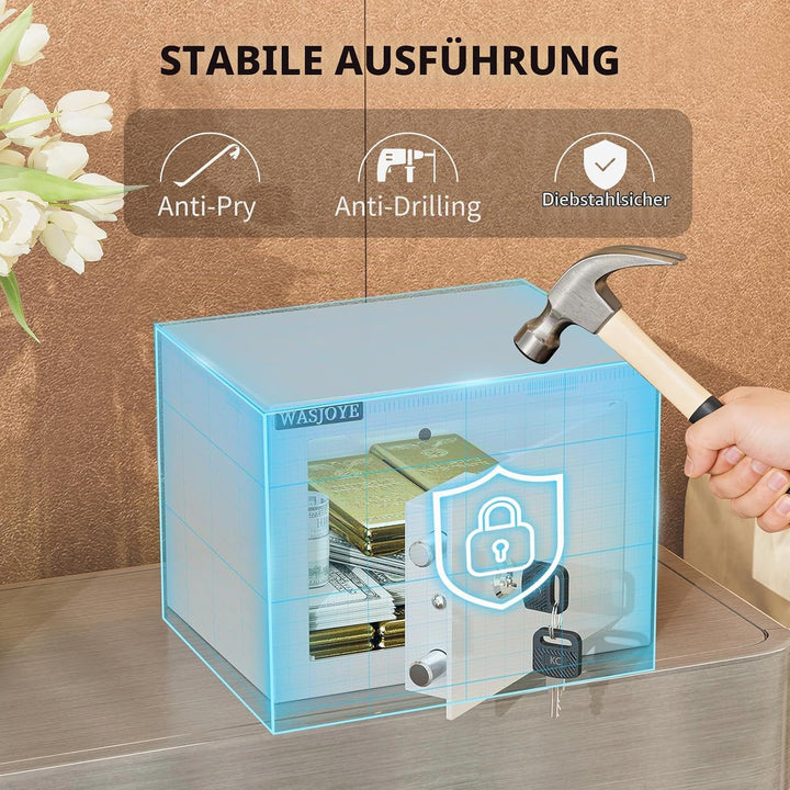WASJOYE Mini Safe Tresor mit Schlüssel, 17 * 23 * 17cm Mini Tresor mit Schloss für Zuhause/Büro, 6.6