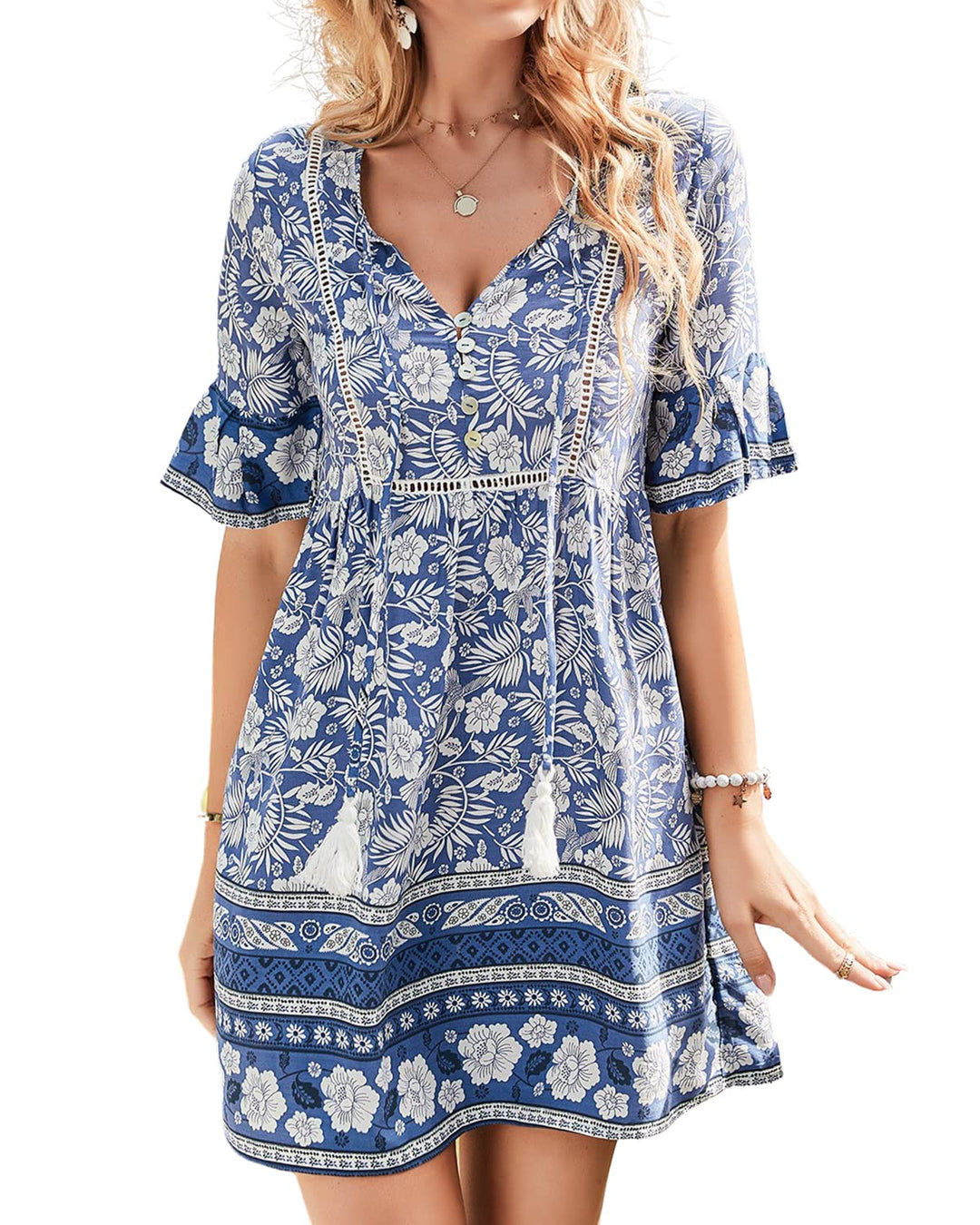 BebreezChic Damen Kleid Kurz Boho V-Ausschnitt Hohe Taille Vintage Fransen Luftig Casual Minikleider