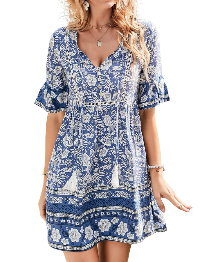 BebreezChic Damen Kleid Kurz Boho V-Ausschnitt Hohe Taille Vintage Fransen Luftig Casual Minikleider