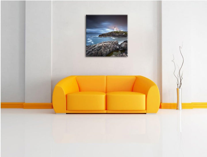 Leuchtturm im Meer, Format: 70x70 auf Leinwand, XXL riesige Bilder fertig gerahmt mit Keilrahmen, Ku