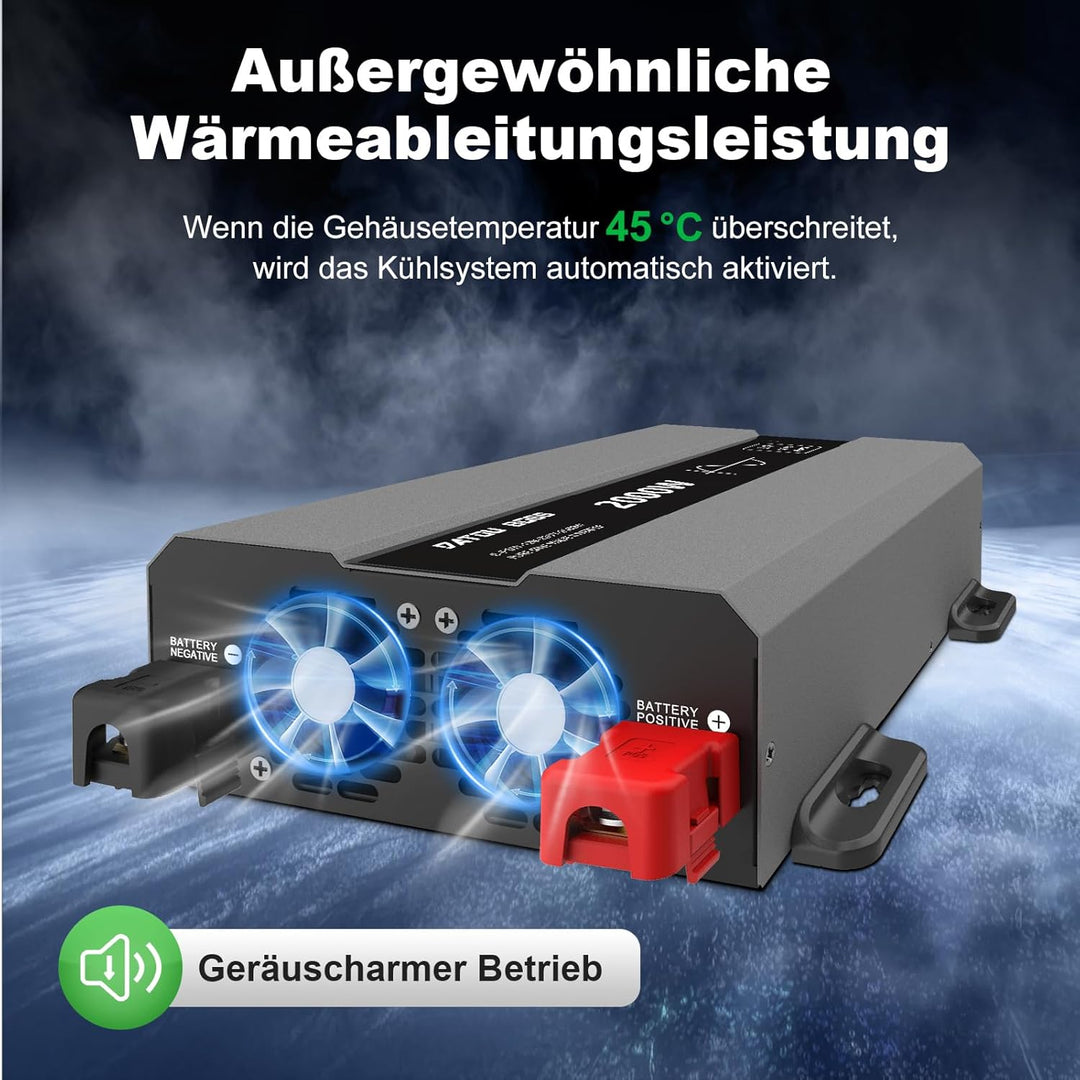 DATOUBOSS Wechselrichter 2000W 12V auf 230V, Reiner Sinus Spannungswandler, Power Inverter mit 2 AC-