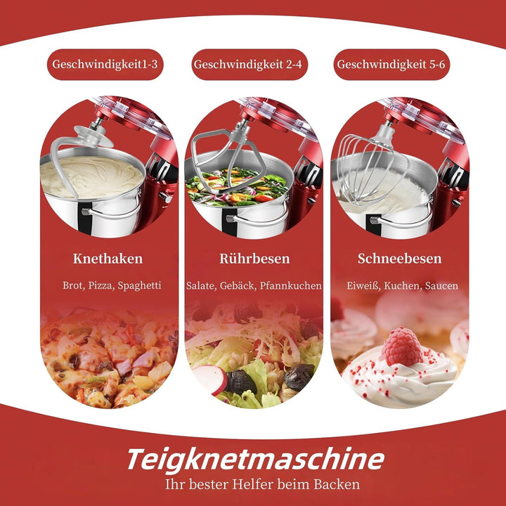 Kitchen in the box Küchenmaschine, 6,2 L Knetmaschine 1400 W, 6 Geschwindigkeits Teigmaschine mit Rü